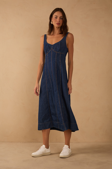 Denim Topstitching Sleeveless Midi Dress