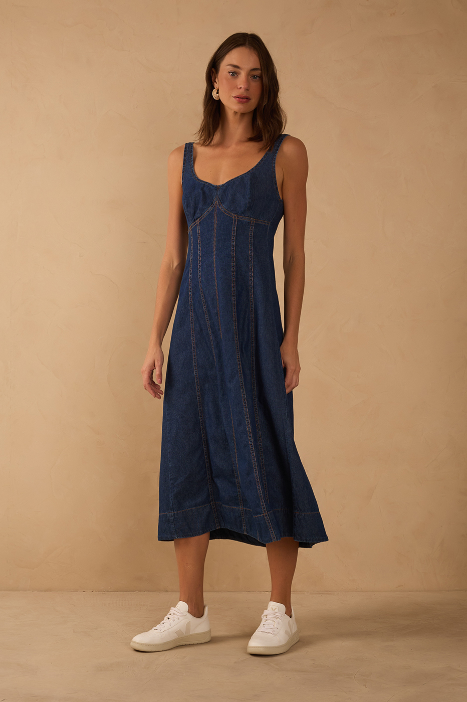 Denim Topstitching Sleeveless Midi Dress