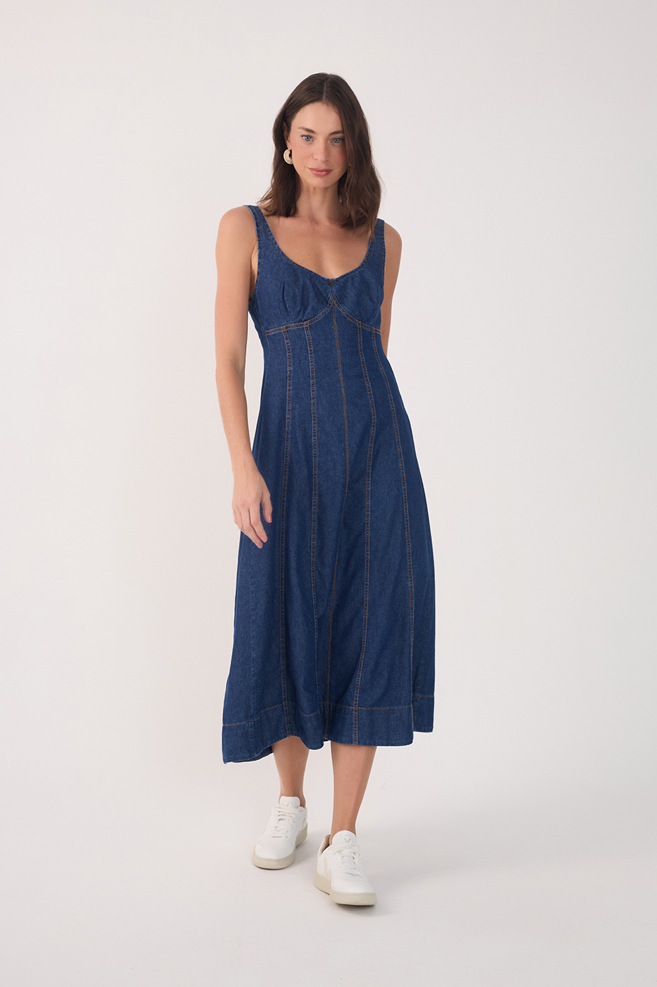 Denim Topstitching Sleeveless Midi Dress