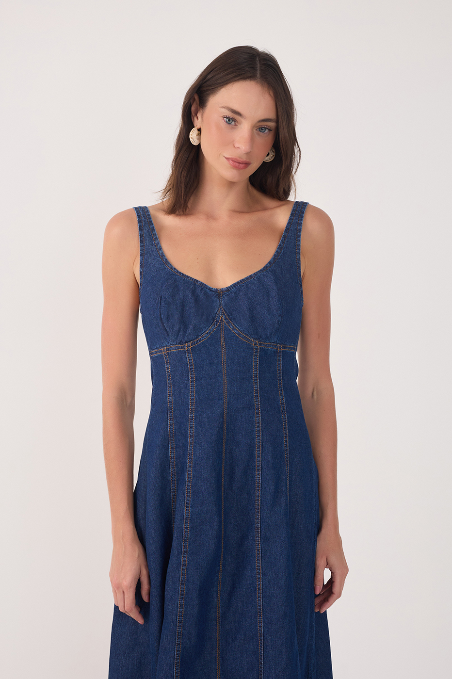 Denim Topstitching Sleeveless Midi Dress