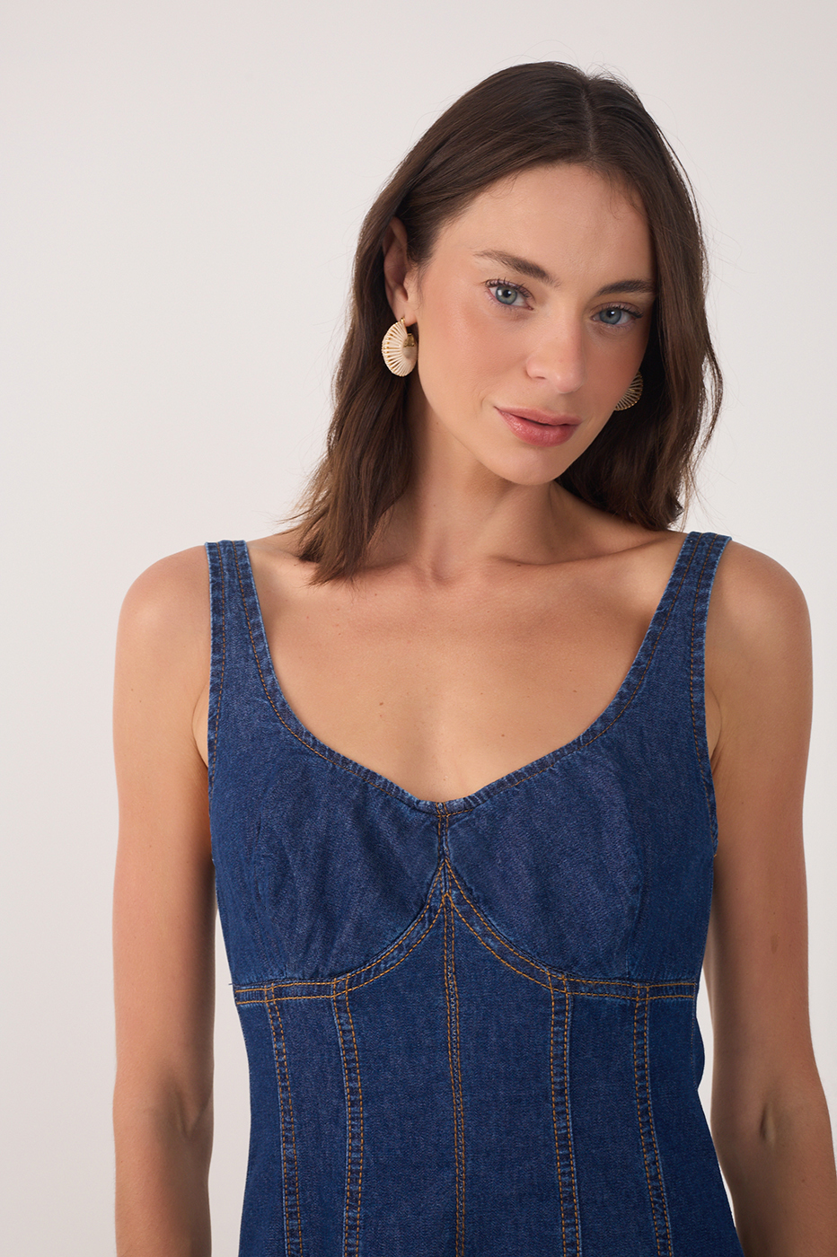 Denim Topstitching Sleeveless Midi Dress