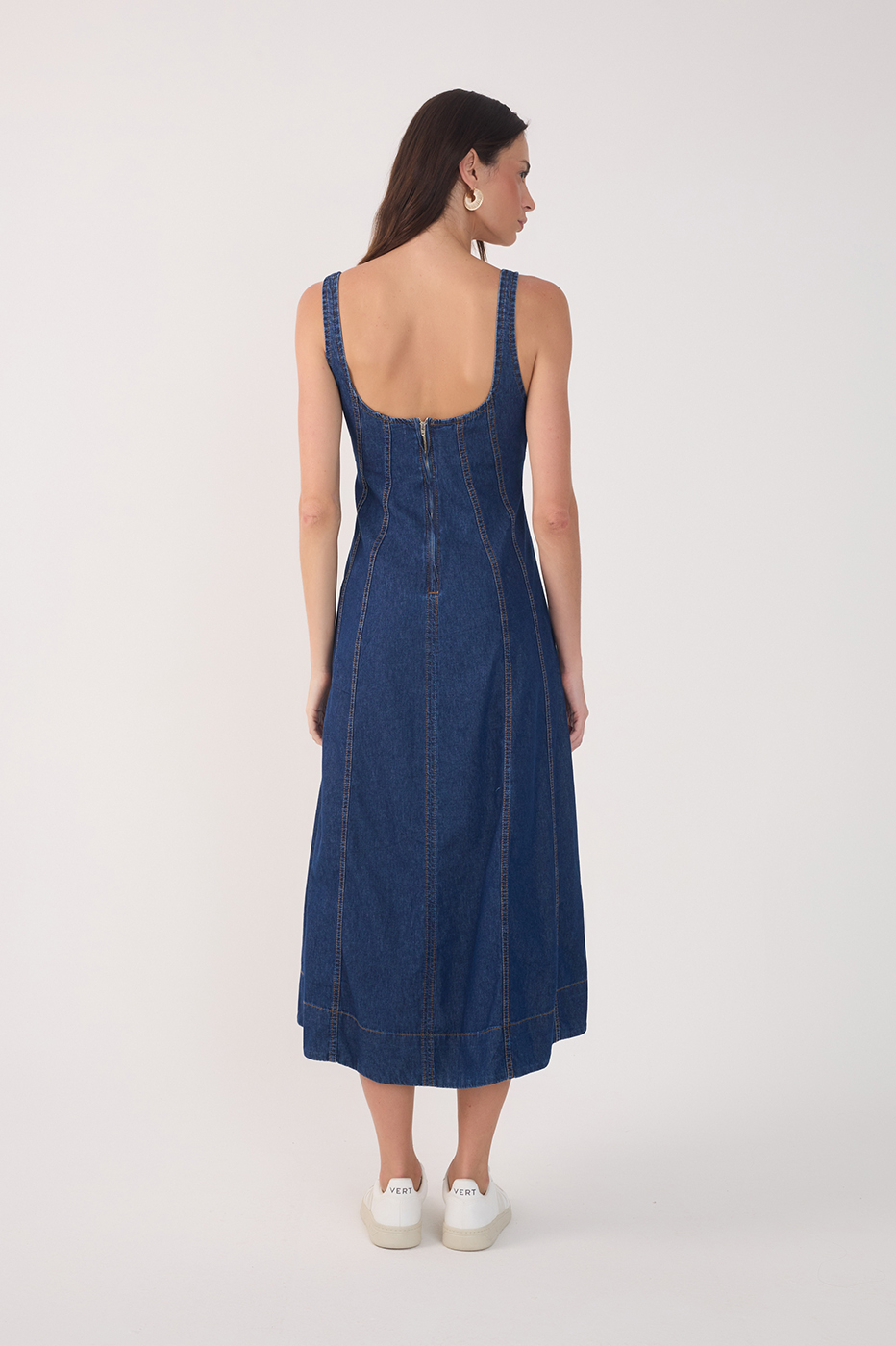 Denim Topstitching Sleeveless Midi Dress