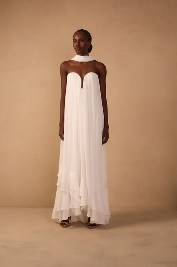 Off-White Chiffon Strapless Gown with Waist Tie ¨C Thati Amorim Collection