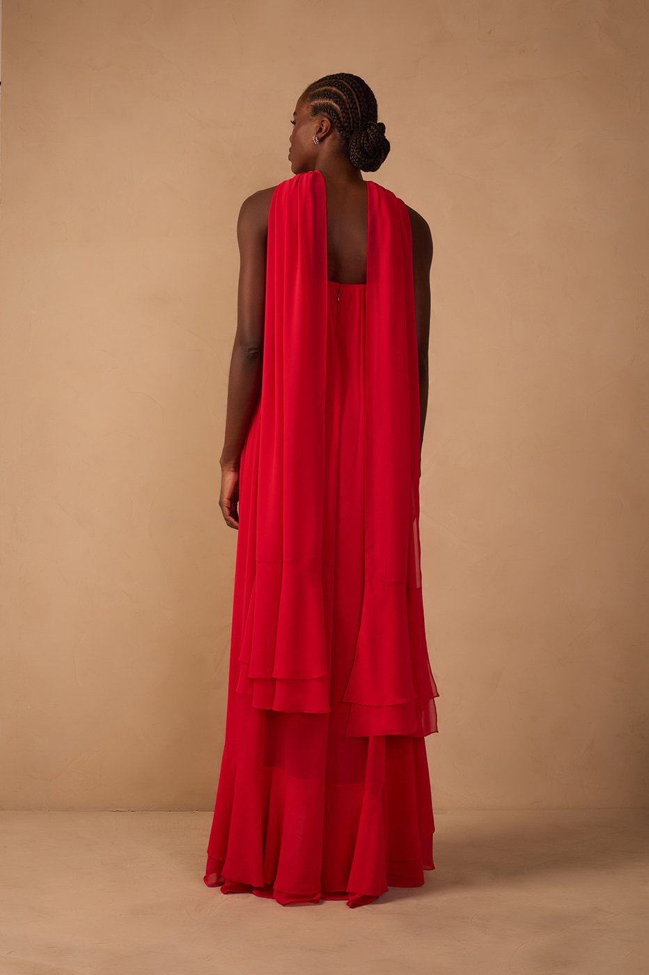 Sunset Red Chiffon Strapless Gown with Waist Tie ¨C Thati Amorim Collection