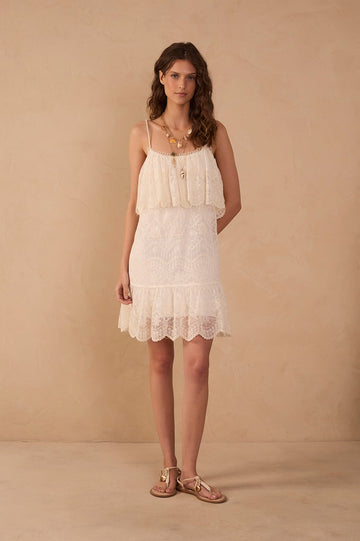 Off-White Ruffled Lace Mini Dress