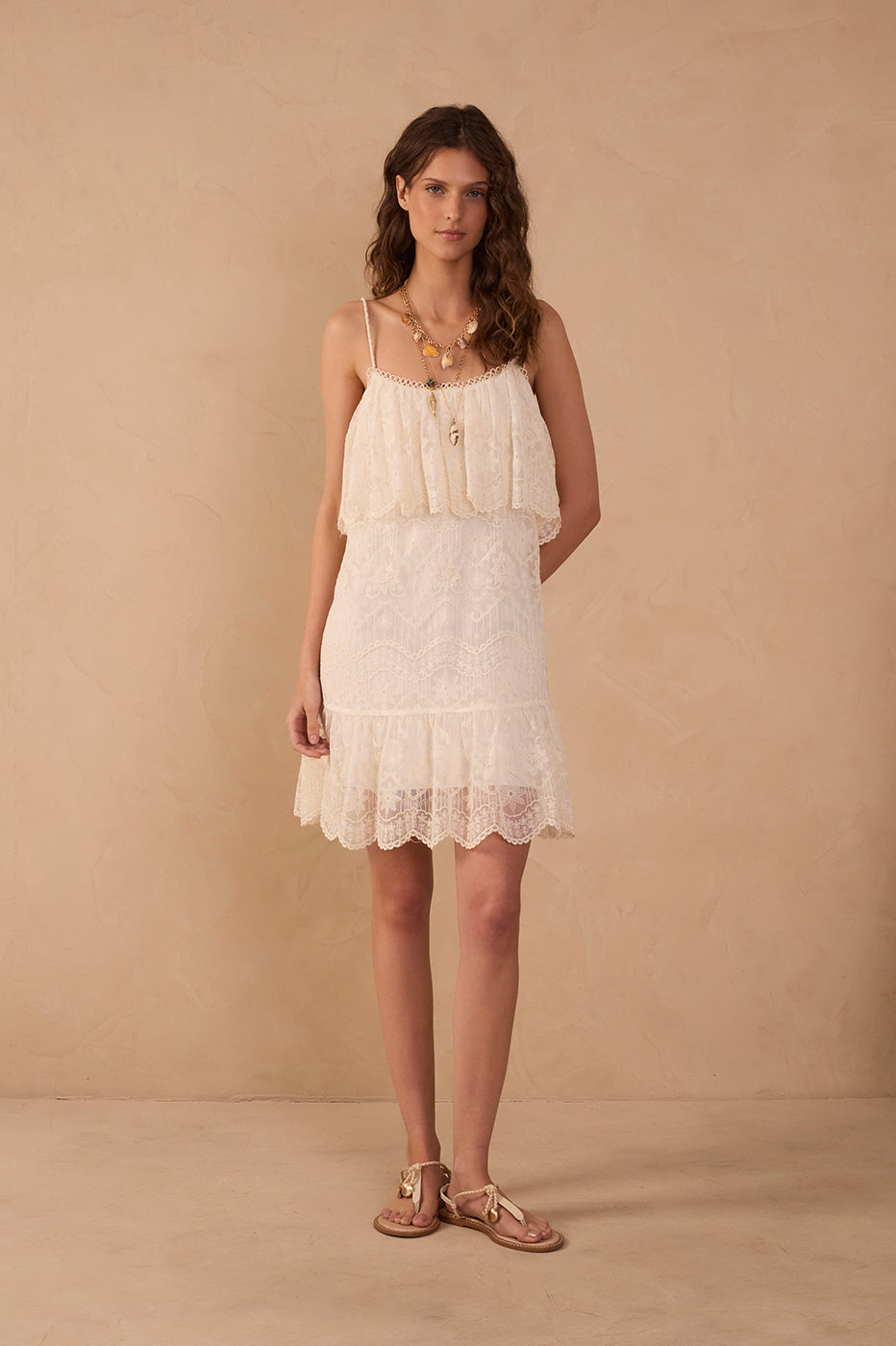 Off-White Ruffled Lace Mini Dress