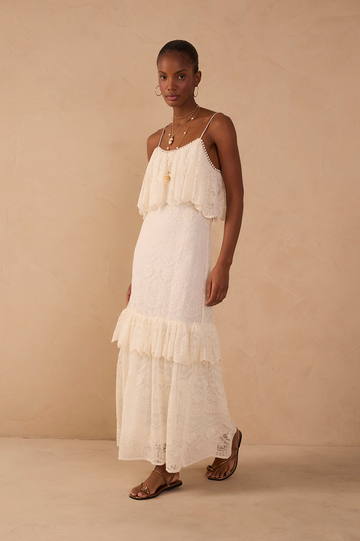 Off-White Ruffled Lace Maxi Dress