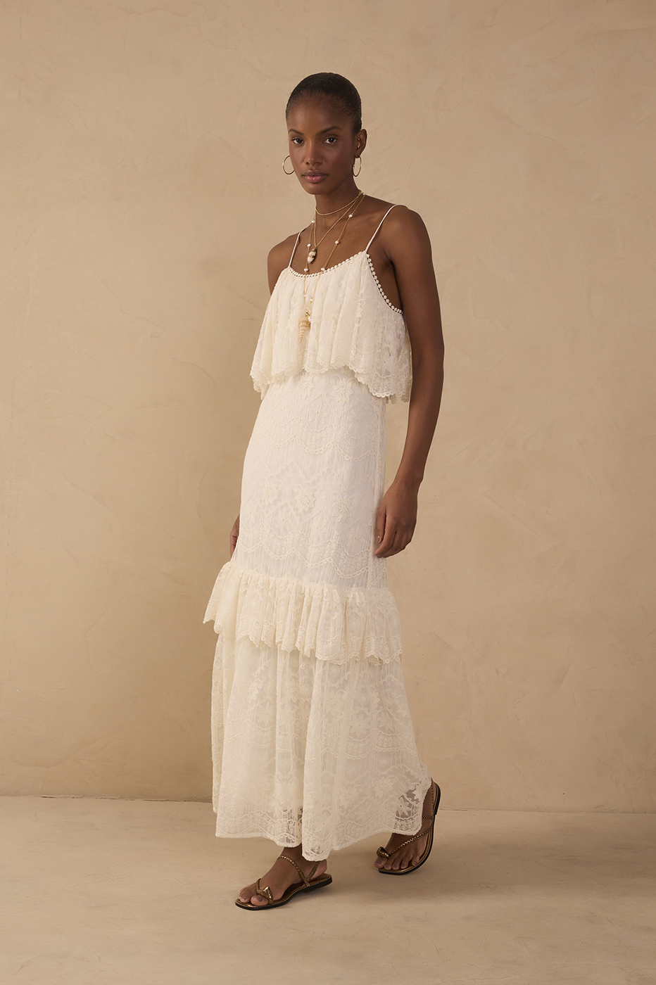 Off-White Ruffled Lace Maxi Dress