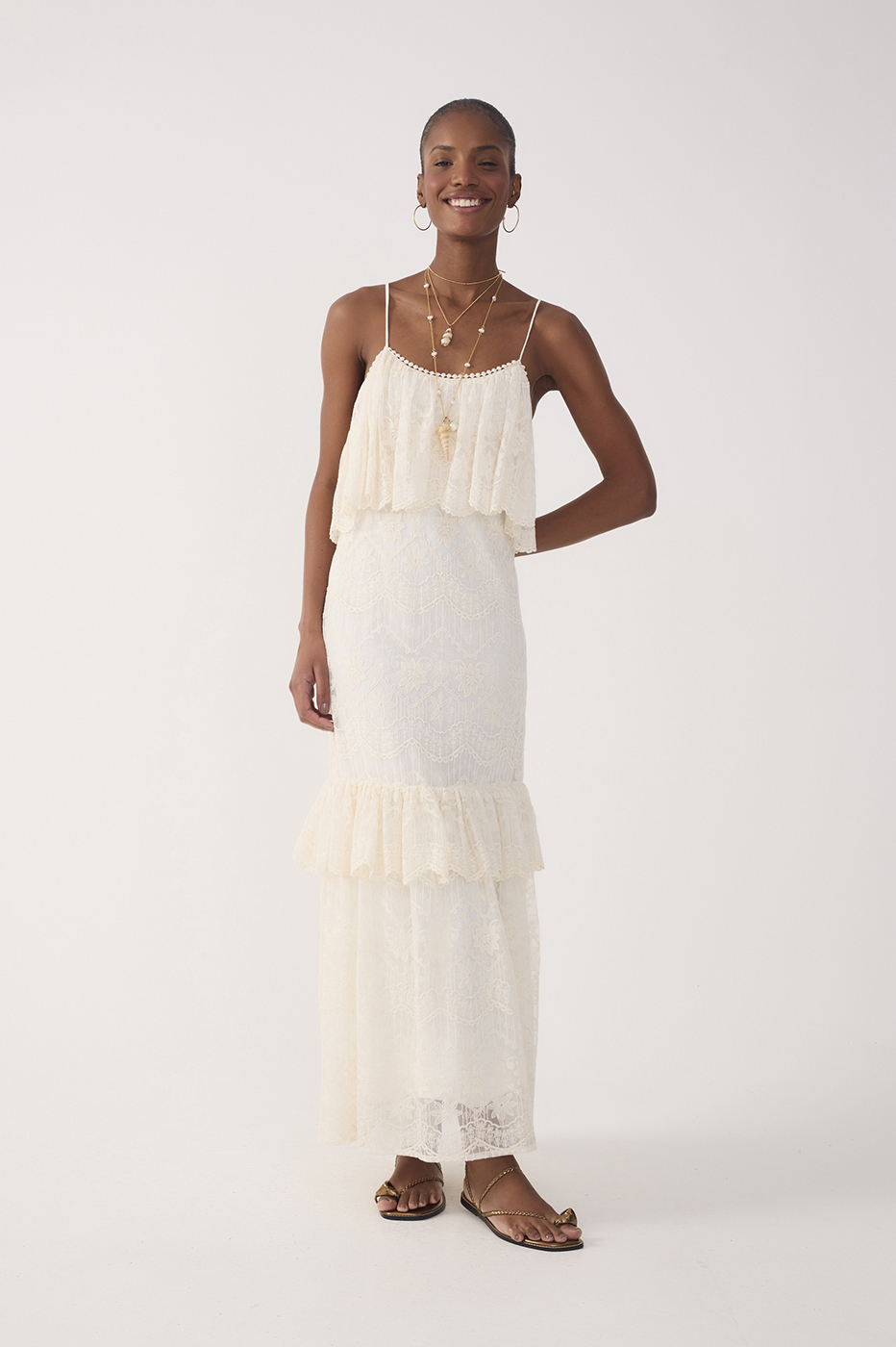 Off-White Ruffled Lace Maxi Dress
