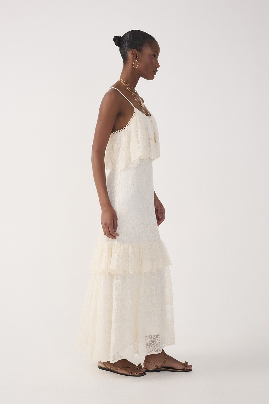 Off-White Ruffled Lace Maxi Dress