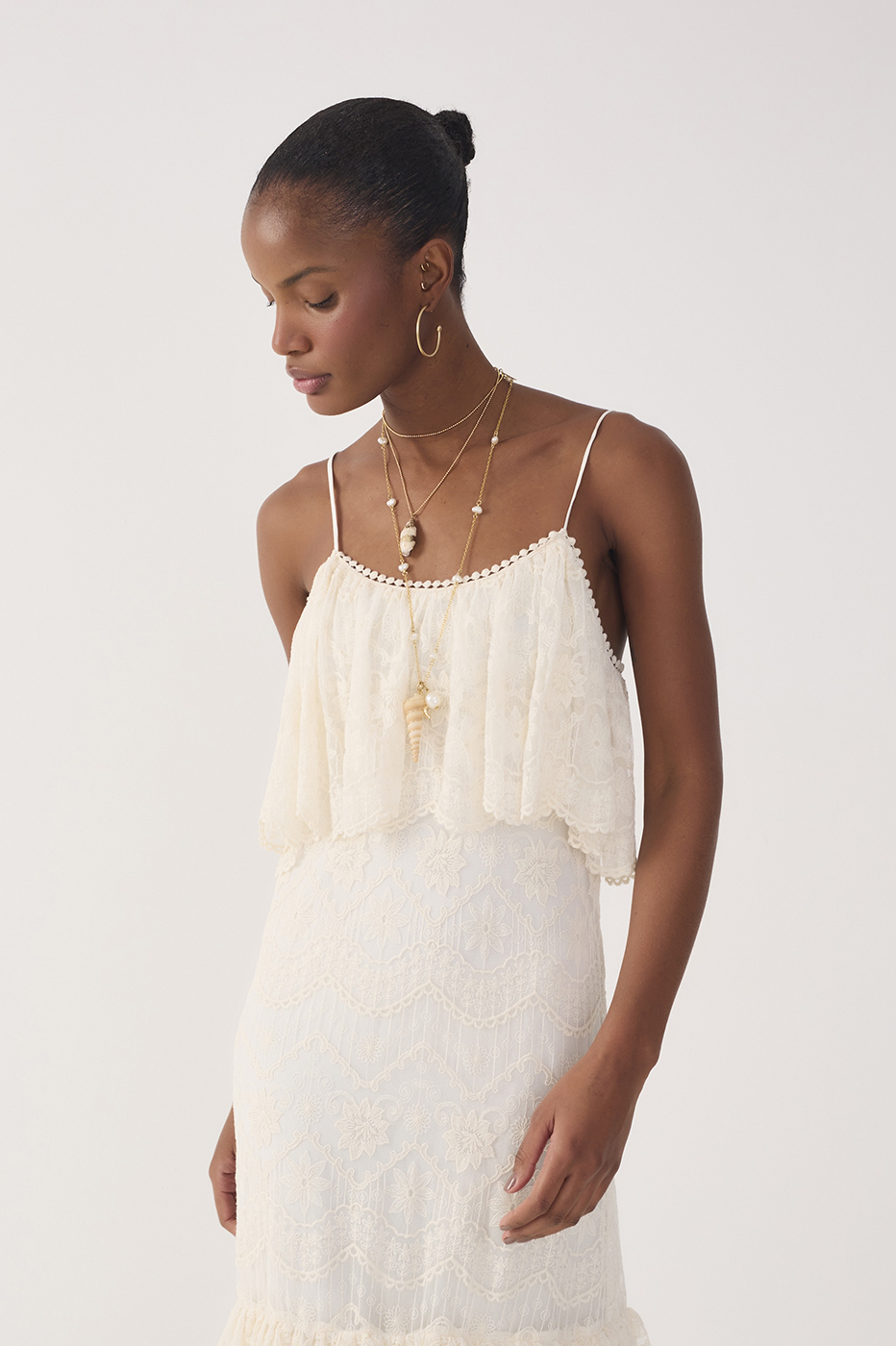 Off-White Ruffled Lace Maxi Dress