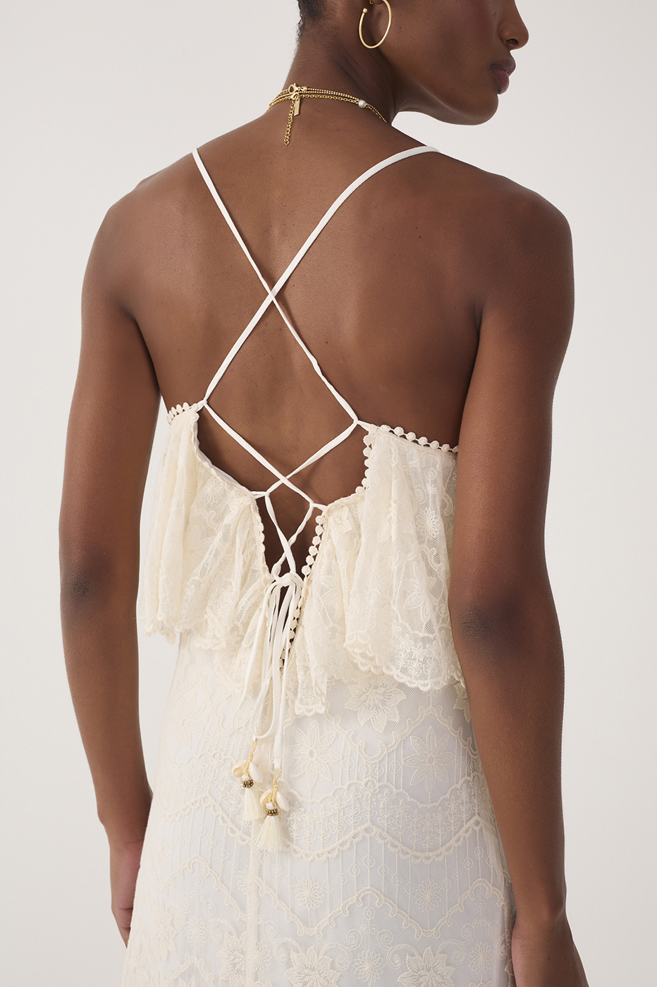 Off-White Ruffled Lace Maxi Dress