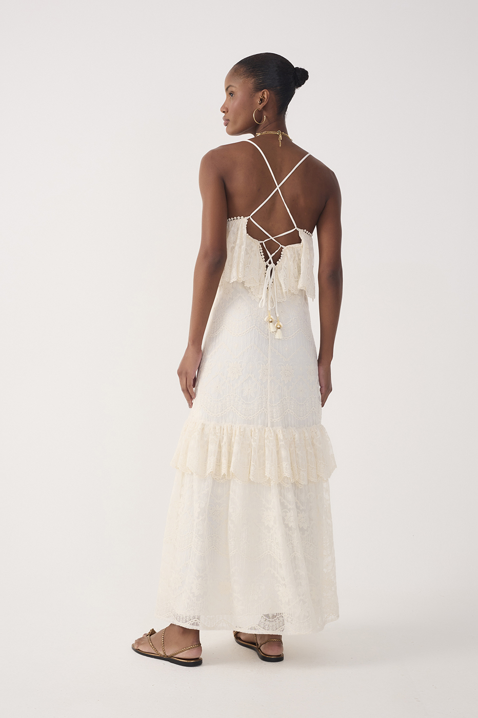Off-White Ruffled Lace Maxi Dress