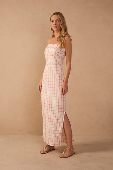 Off-White Plaid Linen Midi Dress