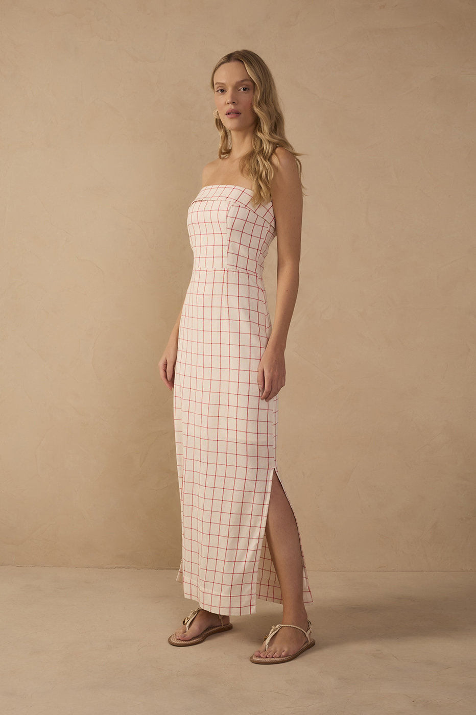 Off-White Plaid Linen Midi Dress