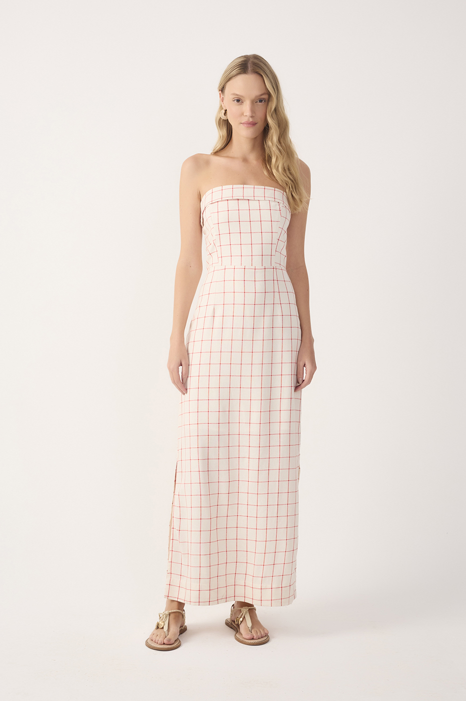 Off-White Plaid Linen Midi Dress