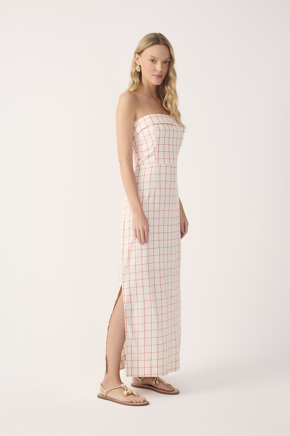 Off-White Plaid Linen Midi Dress