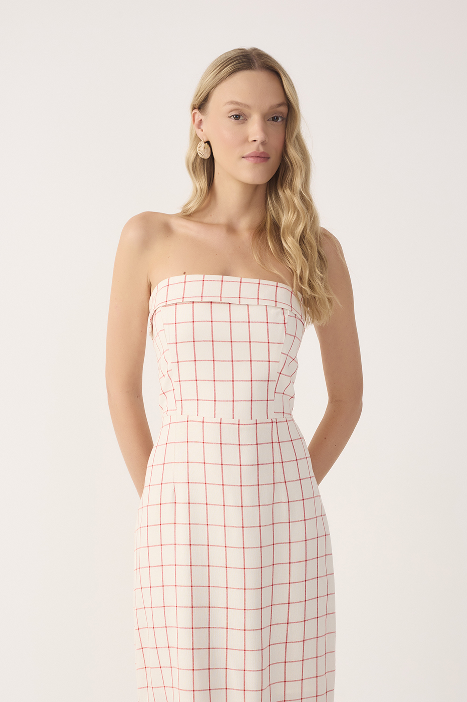 Off-White Plaid Linen Midi Dress