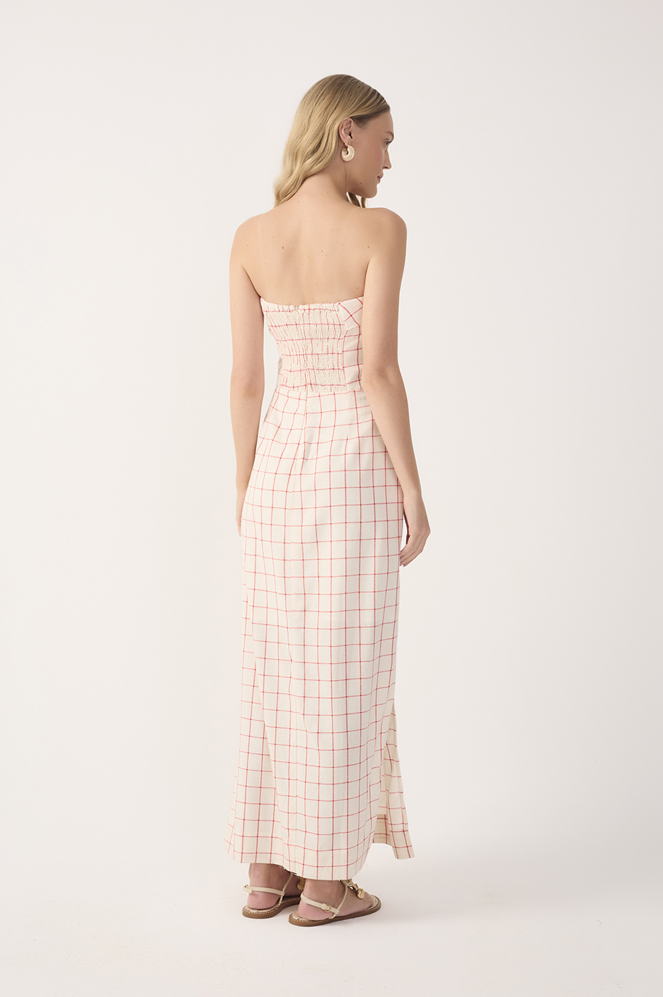 Off-White Plaid Linen Midi Dress