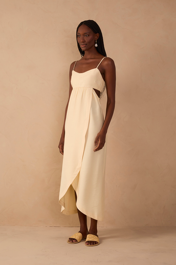 Beige Side Cut-Out Wrap Midi Dress