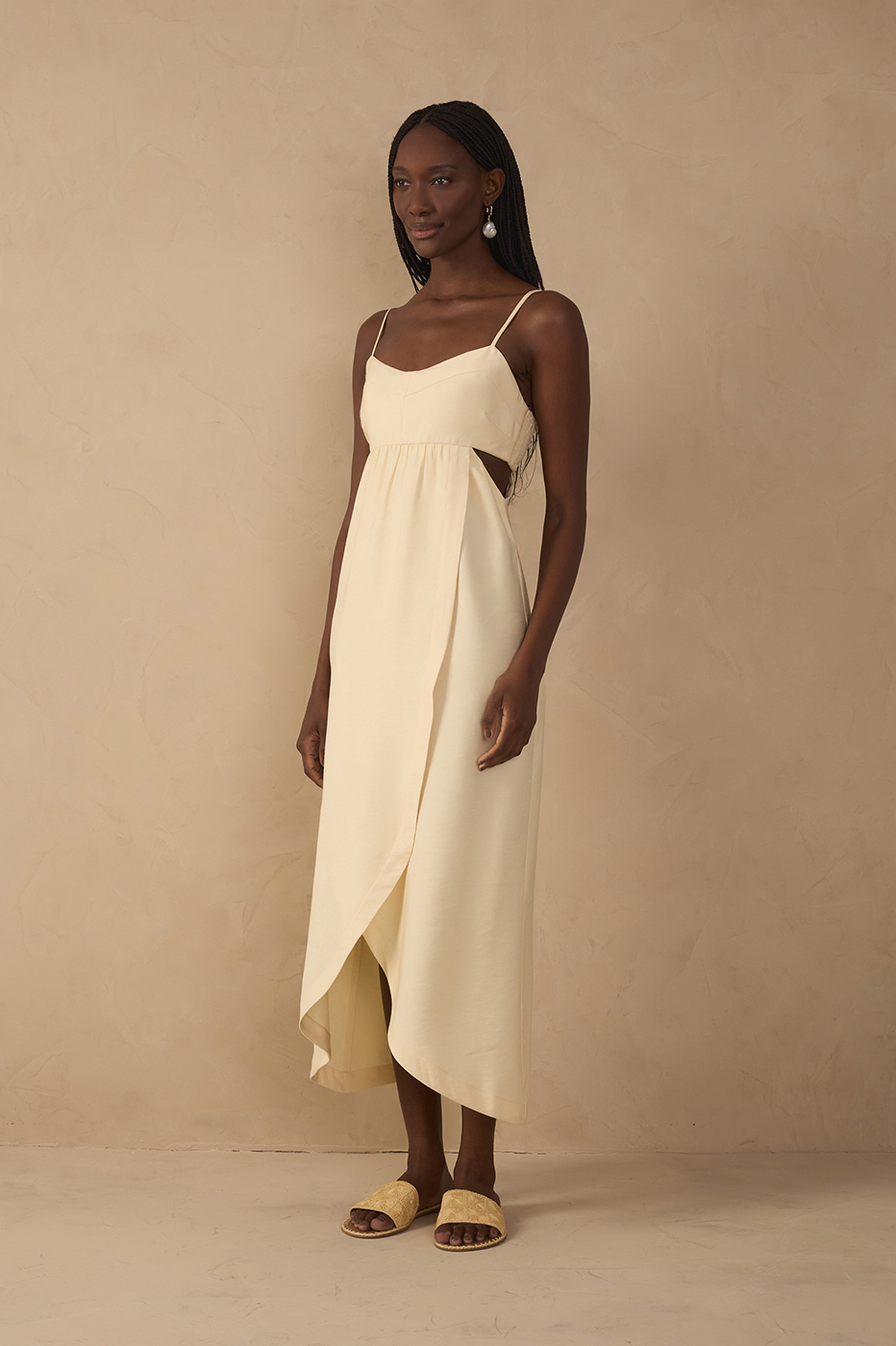 Beige Side Cut-Out Wrap Midi Dress