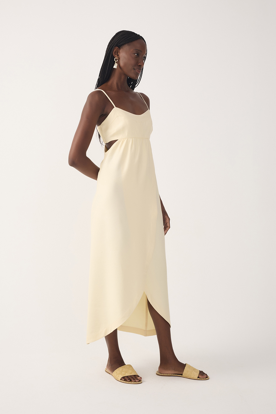 Beige Side Cut-Out Wrap Midi Dress