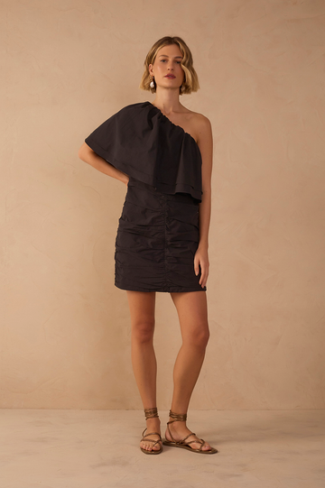 Black Ruffled One-Shoulder Mini Dress