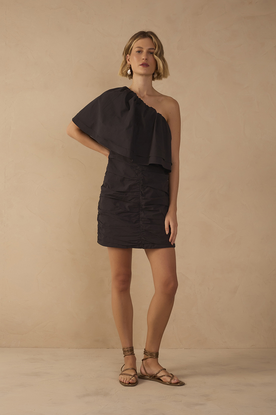 Black Ruffled One-Shoulder Mini Dress