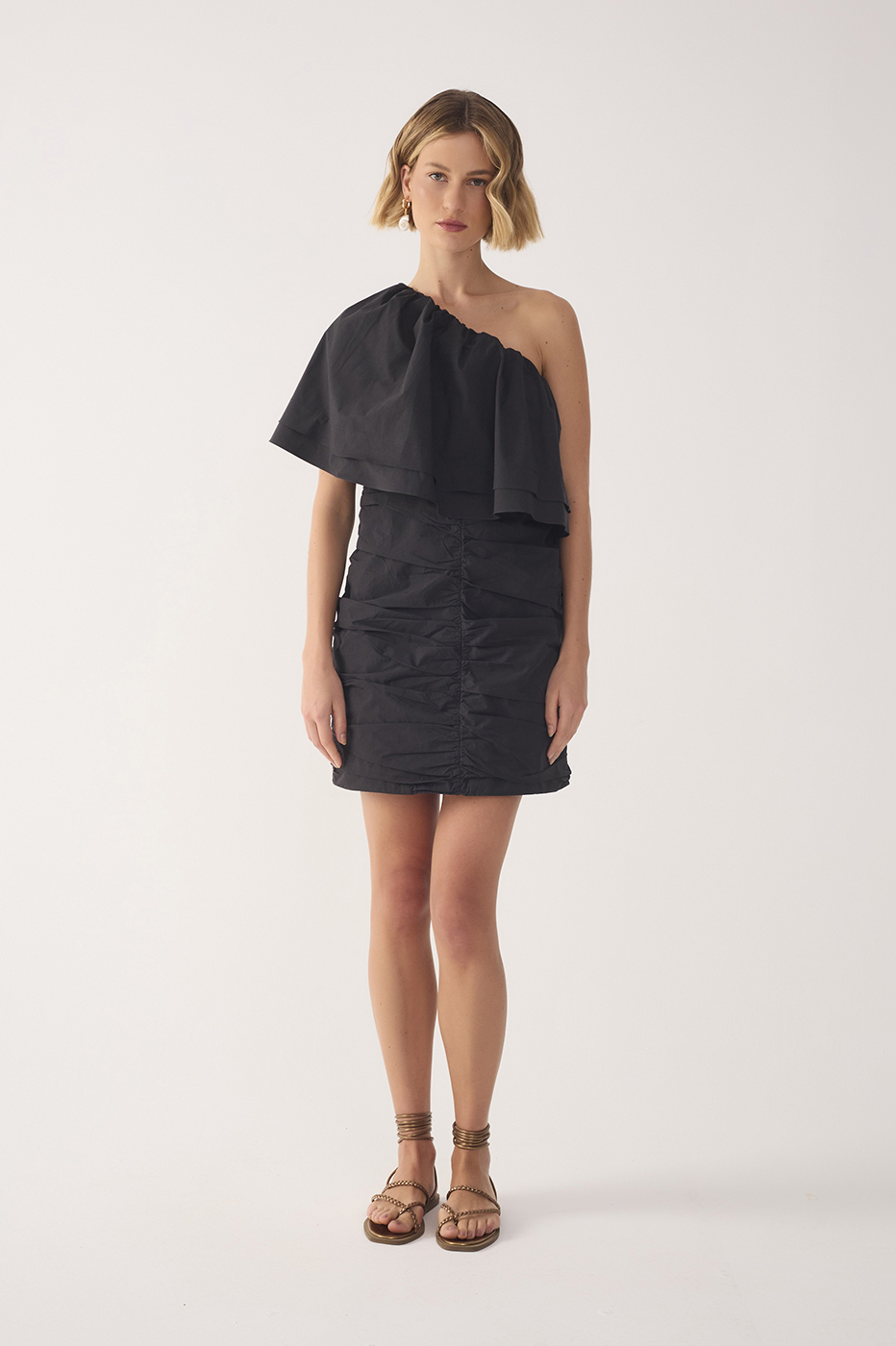 Black Ruffled One-Shoulder Mini Dress