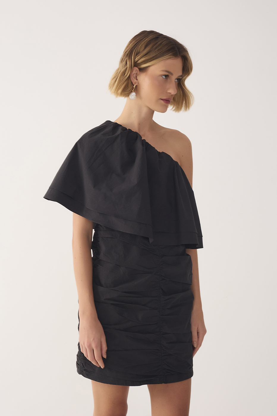 Black Ruffled One-Shoulder Mini Dress