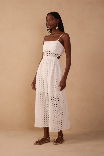 Off-White Eyelet Smocked Midi Dress
