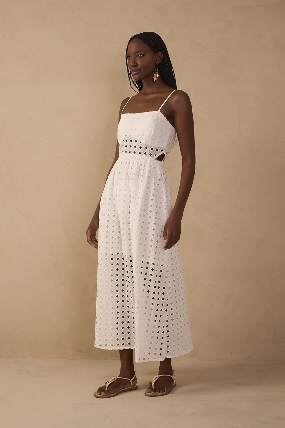 Off-White Eyelet Smocked Midi Dress