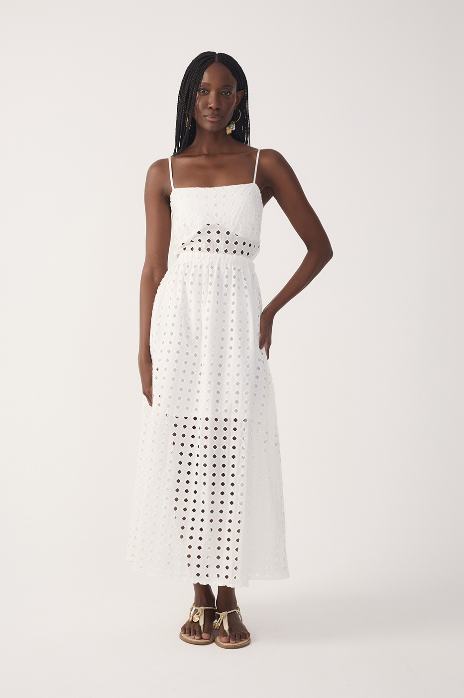 Off-White Eyelet Smocked Midi Dress
