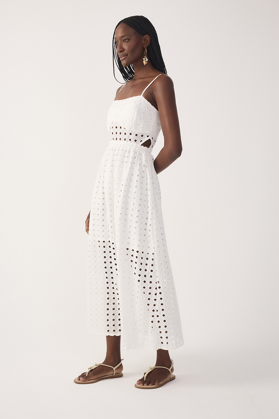 Off-White Eyelet Smocked Midi Dress