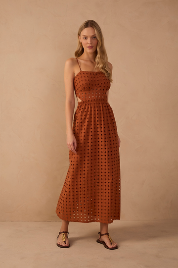 Brown Eyelet Smocked Midi Dress