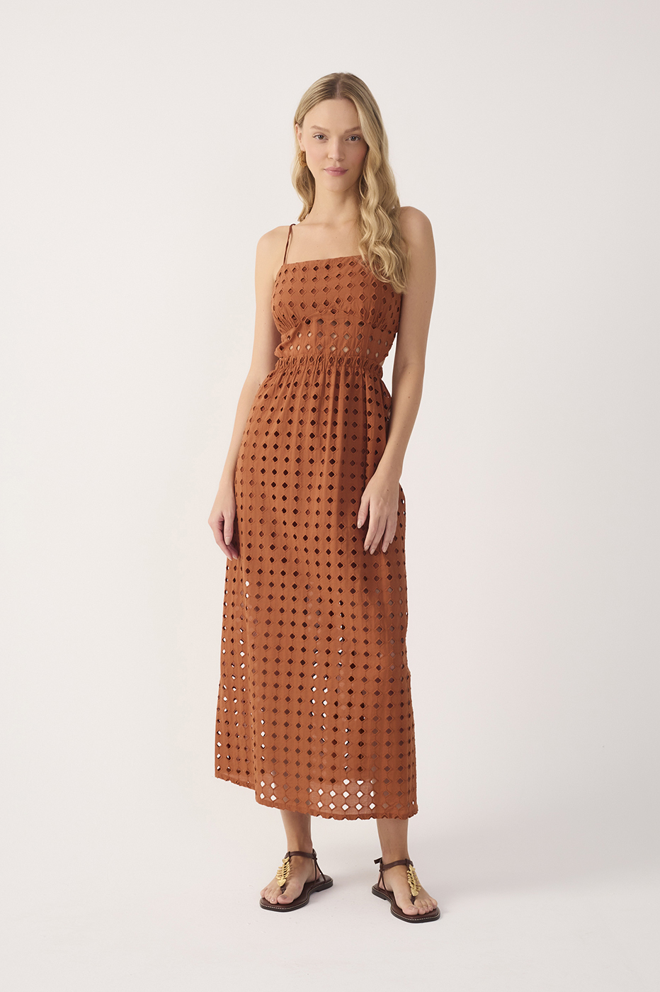 Brown Eyelet Smocked Midi Dress