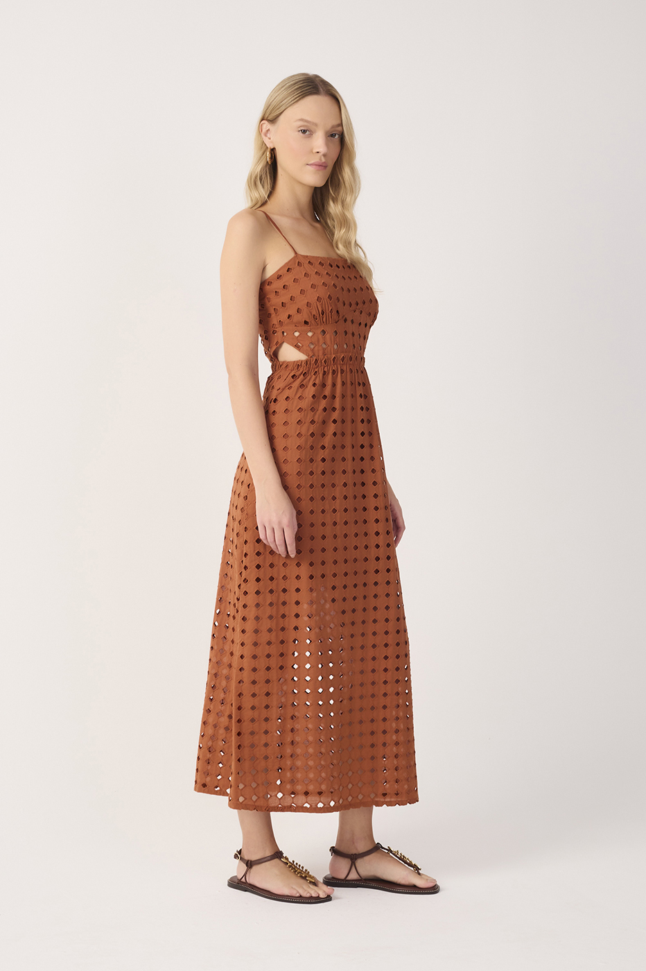 Brown Eyelet Smocked Midi Dress