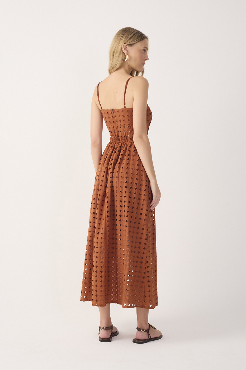 Brown Eyelet Smocked Midi Dress