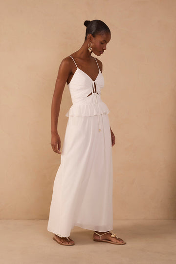 Off-White Ruffled Waist Maxi Dress