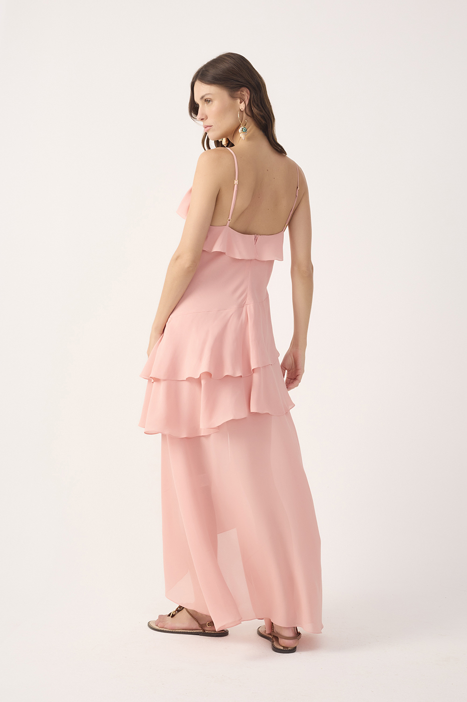 Pink Ruffled Asymmetric Midi Dress