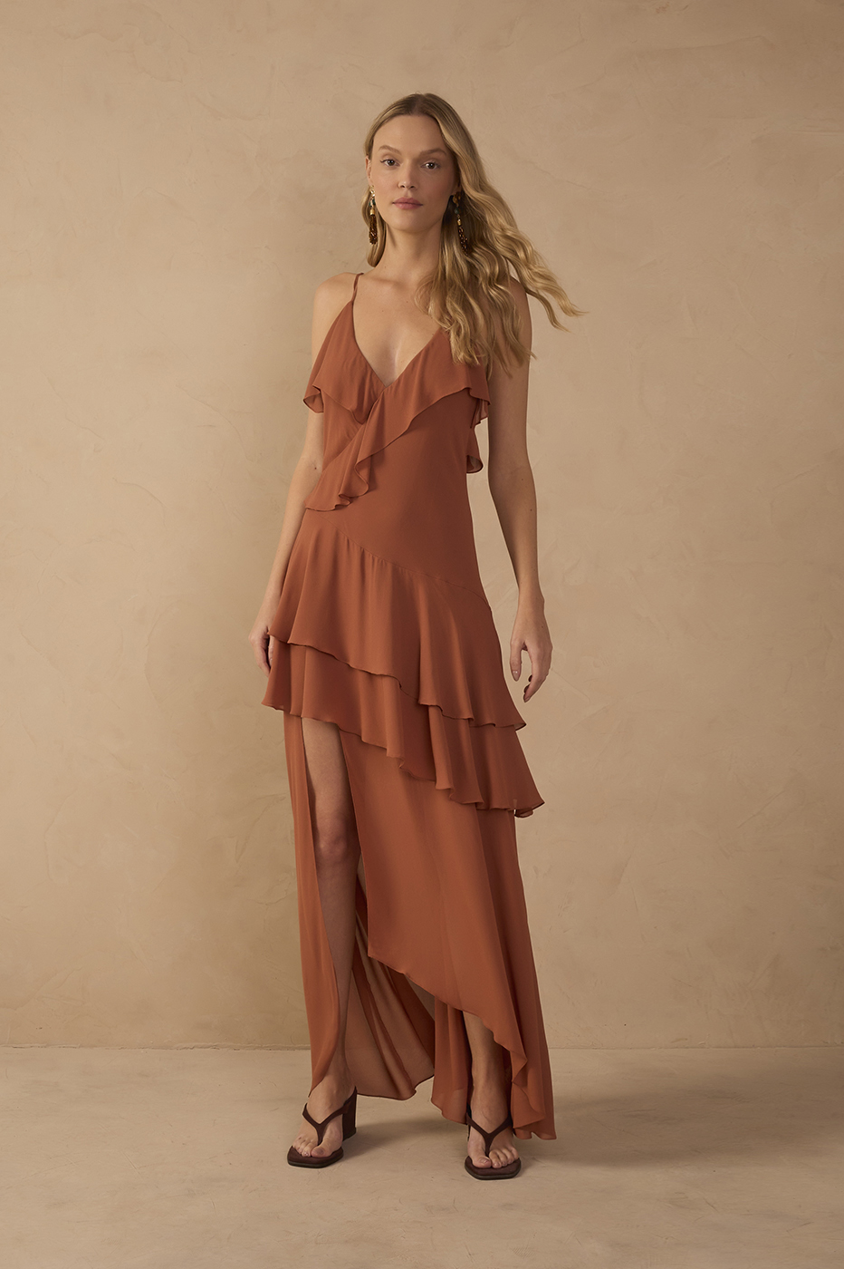 Brown Ruffled Asymmetric Midi Dress
