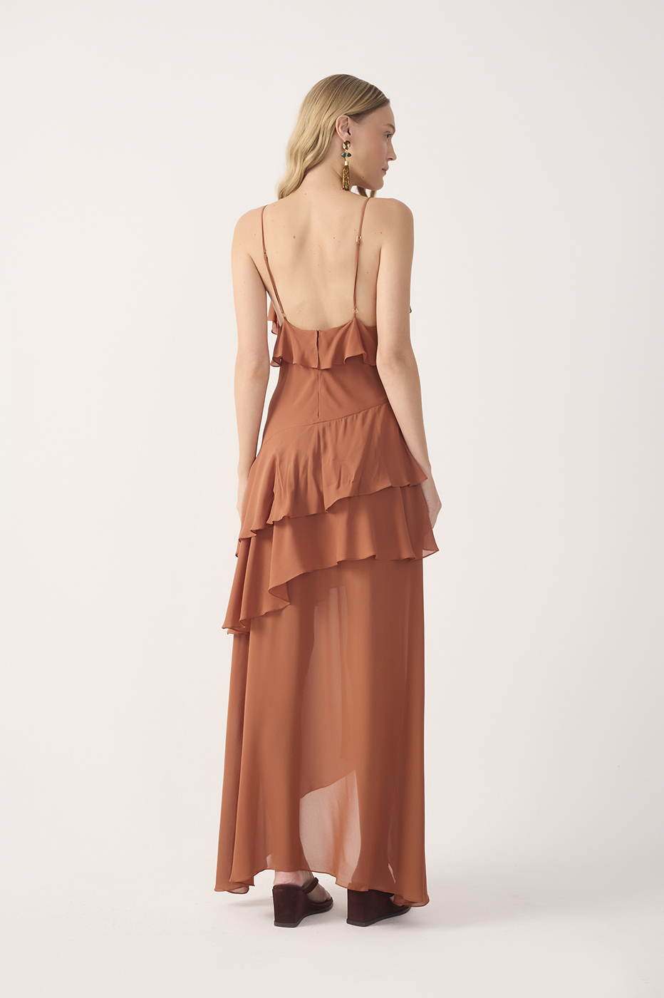 Brown Ruffled Asymmetric Midi Dress