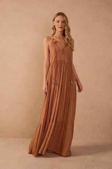 Beige Coin Embroidered Maxi Dress