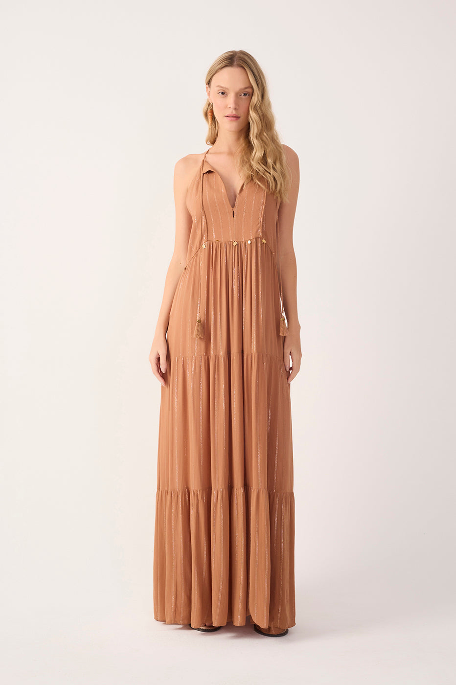 Beige Coin Embroidered Maxi Dress