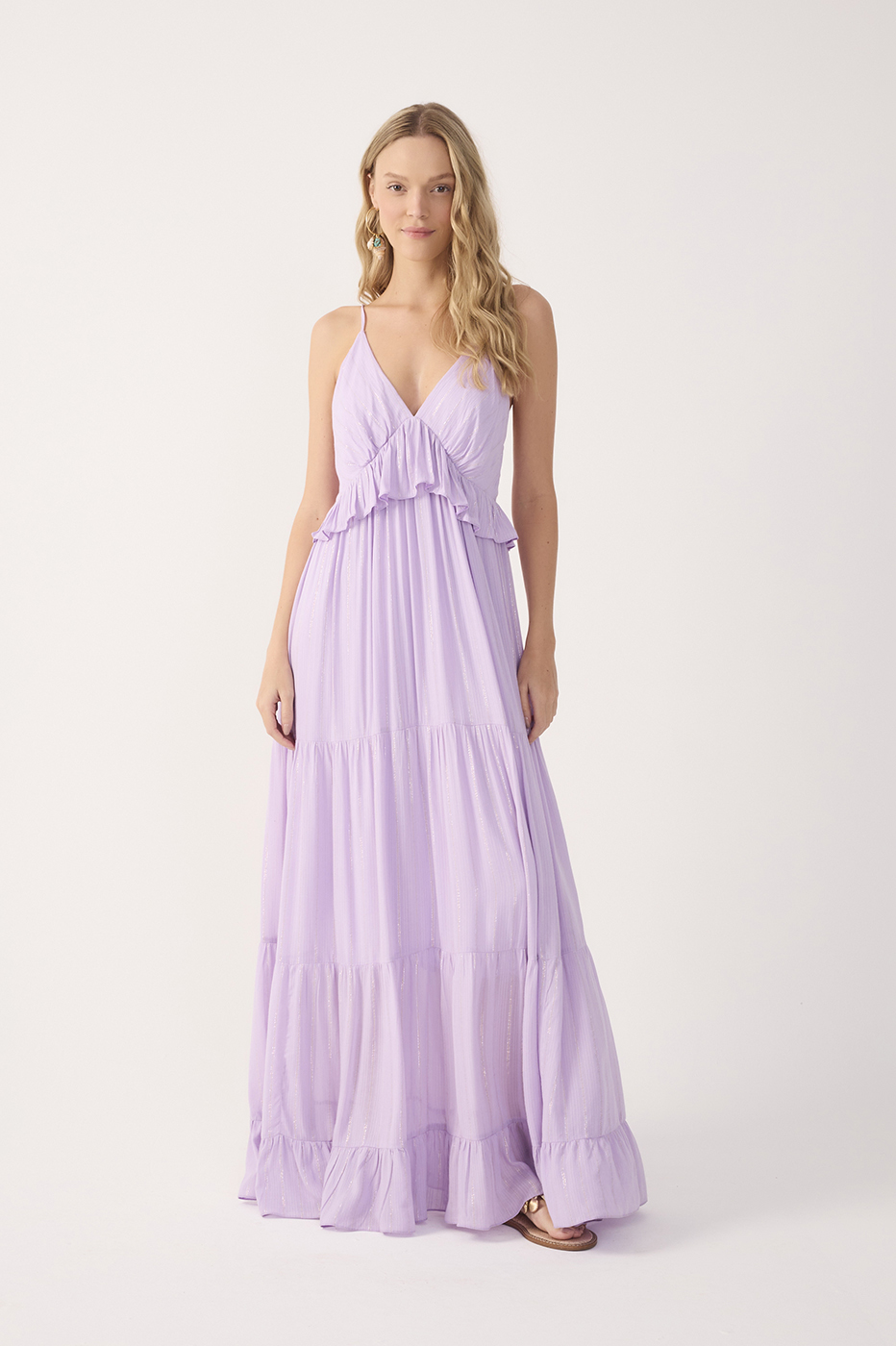 Lilac Ruffled V Neck Maxi Dress