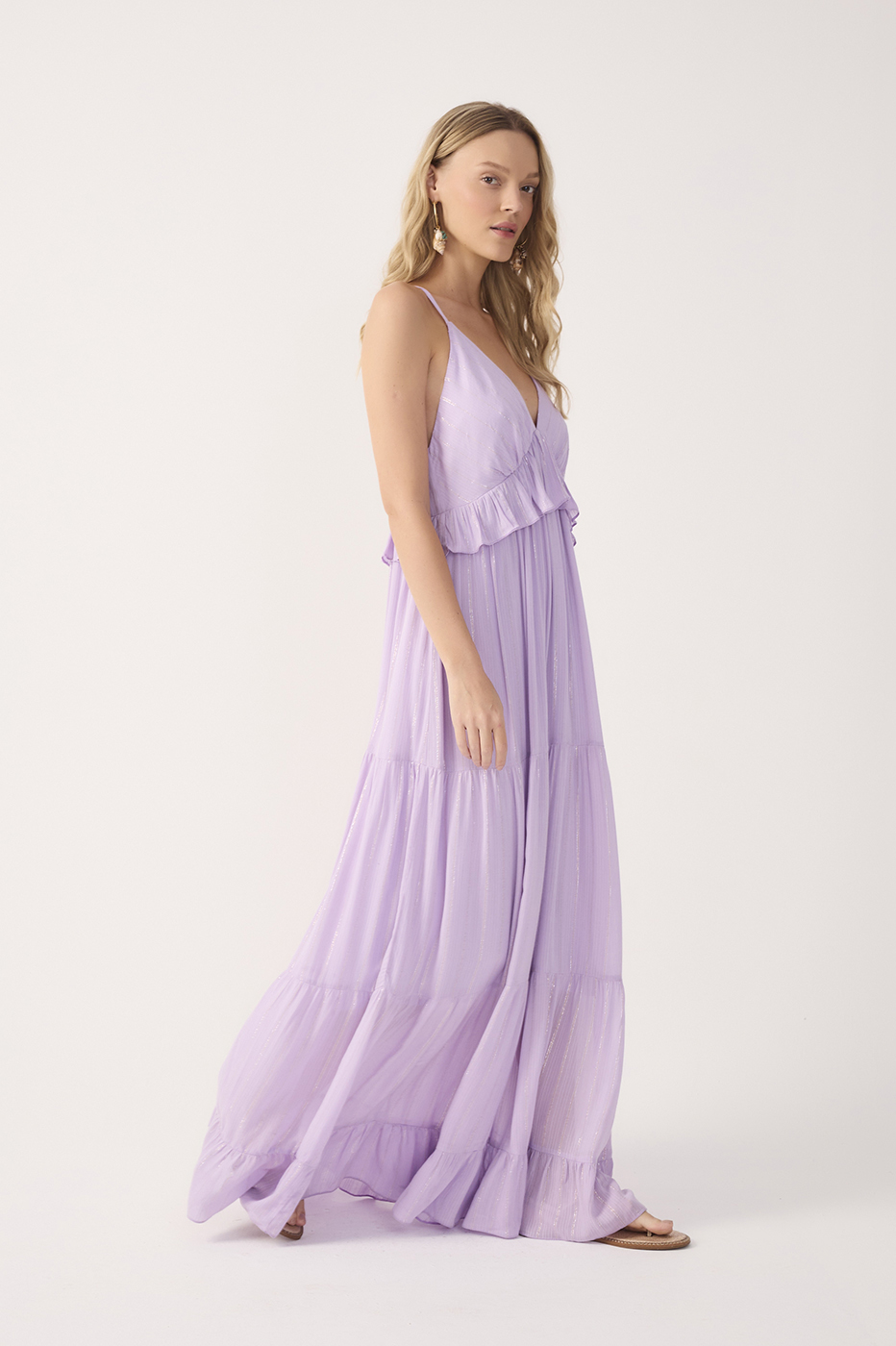 Lilac Ruffled V Neck Maxi Dress