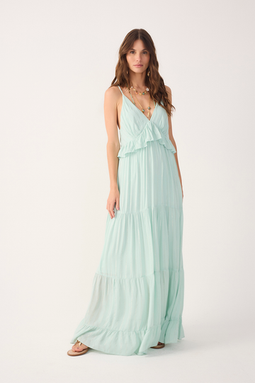 Green Ruffled V Neck Maxi Dress
