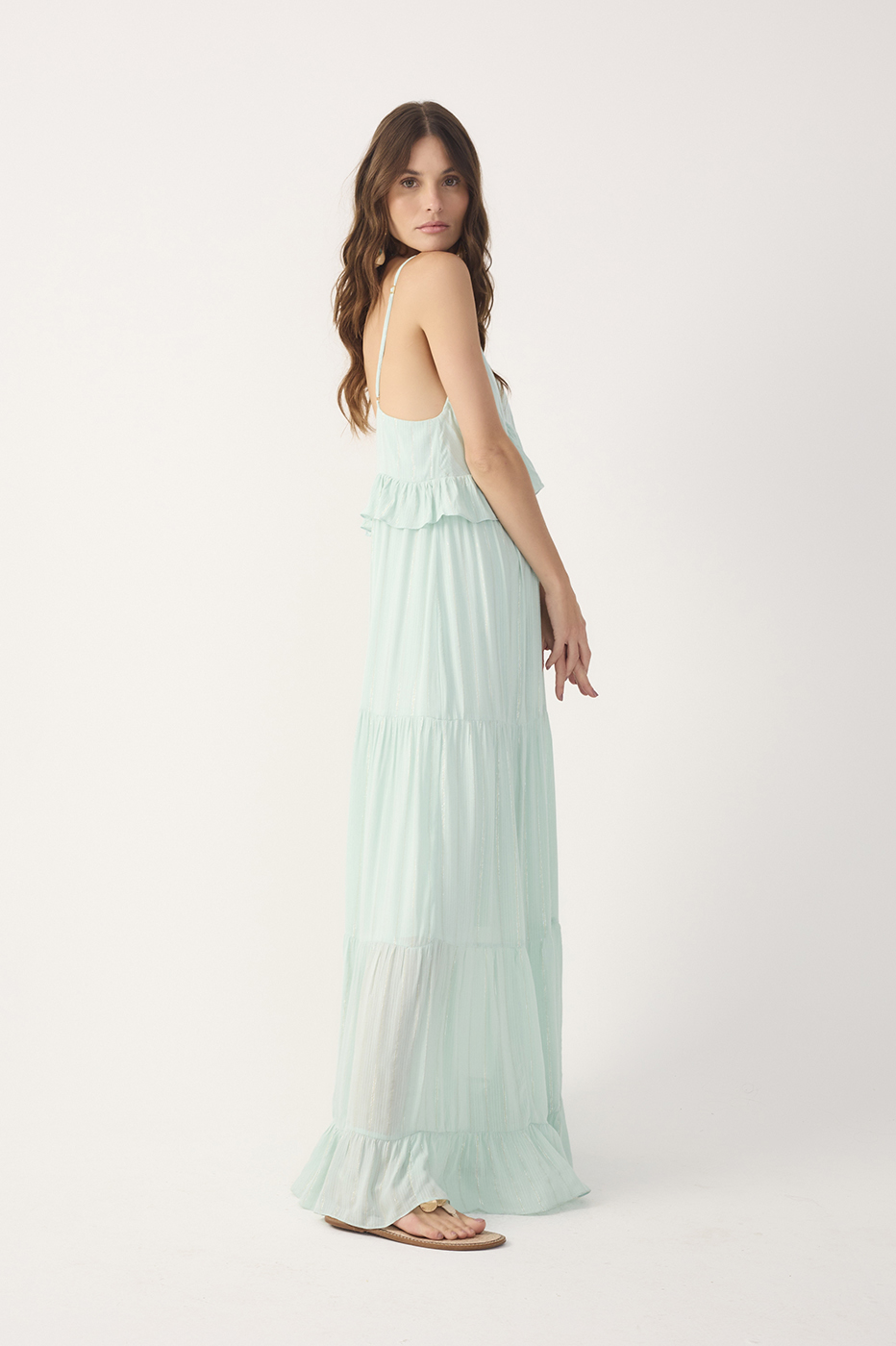 Green Ruffled V Neck Maxi Dress