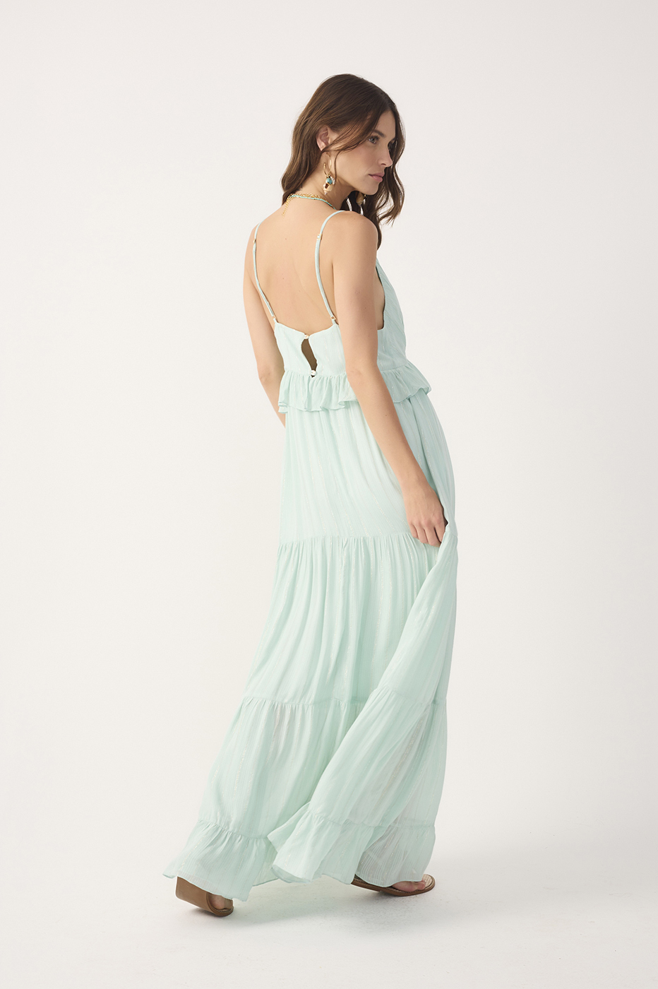 Green Ruffled V Neck Maxi Dress