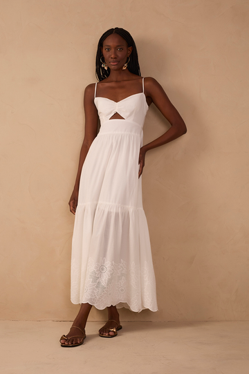 Off-White Ruffled Embroidered Midi Dress